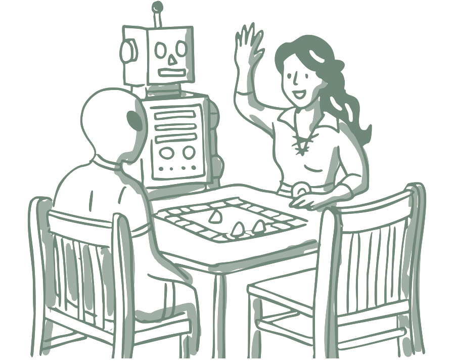 Drawing of people and a robot sitting down to a game