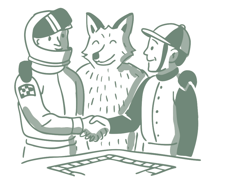 Drawing of a fox in a spacesuit shaking hands with a jockey