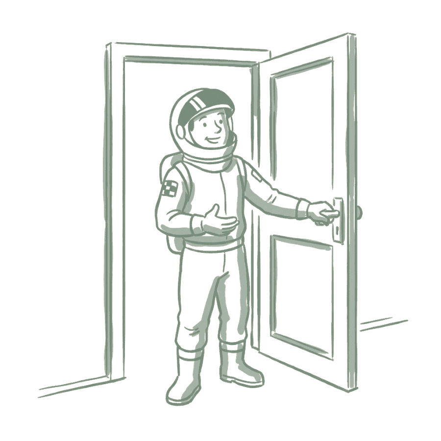 Drawing of an astronaut holding the door open